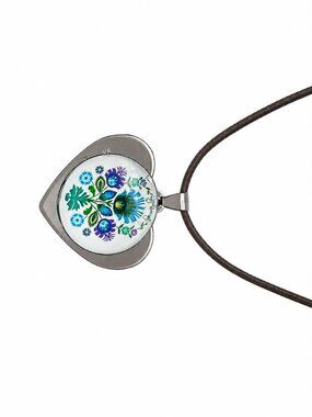 Handmade Floral Folk Art Glass Pendant Necklace NWT Boho Statement Jewelry